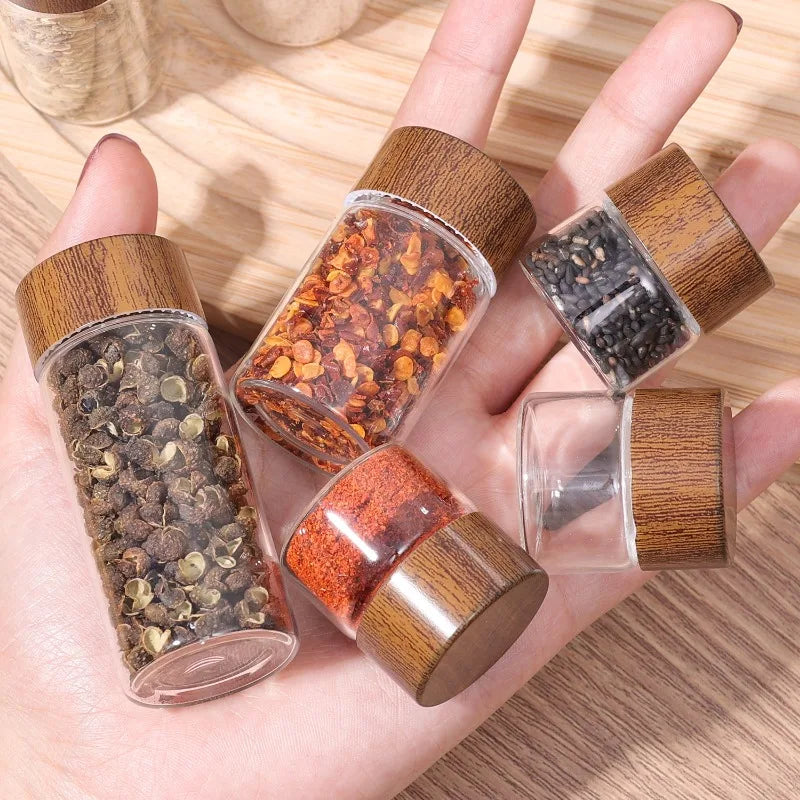 20/1PC Mini Glass Bottles Portable Coffee Beans Storage Container Tube Wood Lid Kitchen Sealed Canister Small Tea Spice Jars