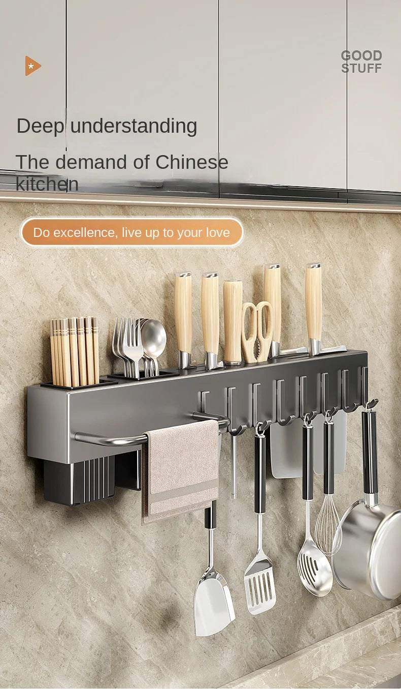 Tool-free kitchen shelf, kitchen accessories, multifunctional wall-mounted chopstick tube, storage for knives and tools