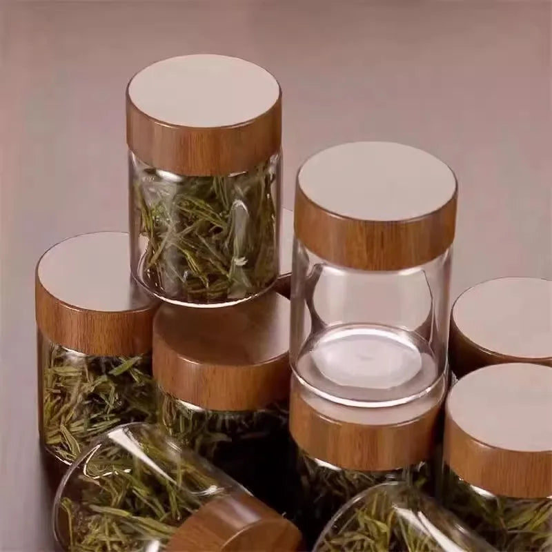 20/1PC Mini Glass Bottles Portable Coffee Beans Storage Container Tube Wood Lid Kitchen Sealed Canister Small Tea Spice Jars