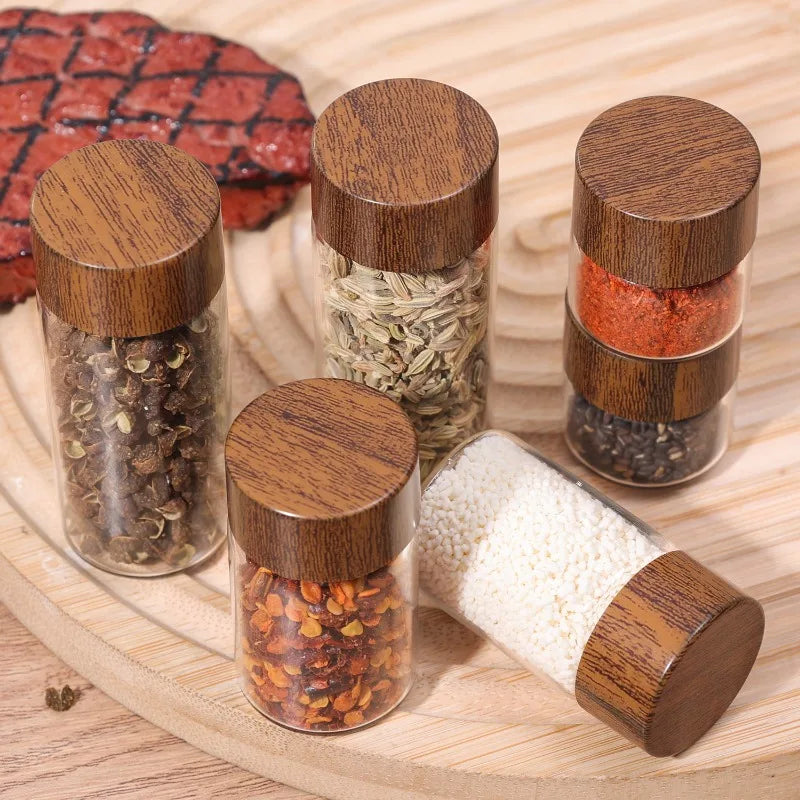 20/1PC Mini Glass Bottles Portable Coffee Beans Storage Container Tube Wood Lid Kitchen Sealed Canister Small Tea Spice Jars